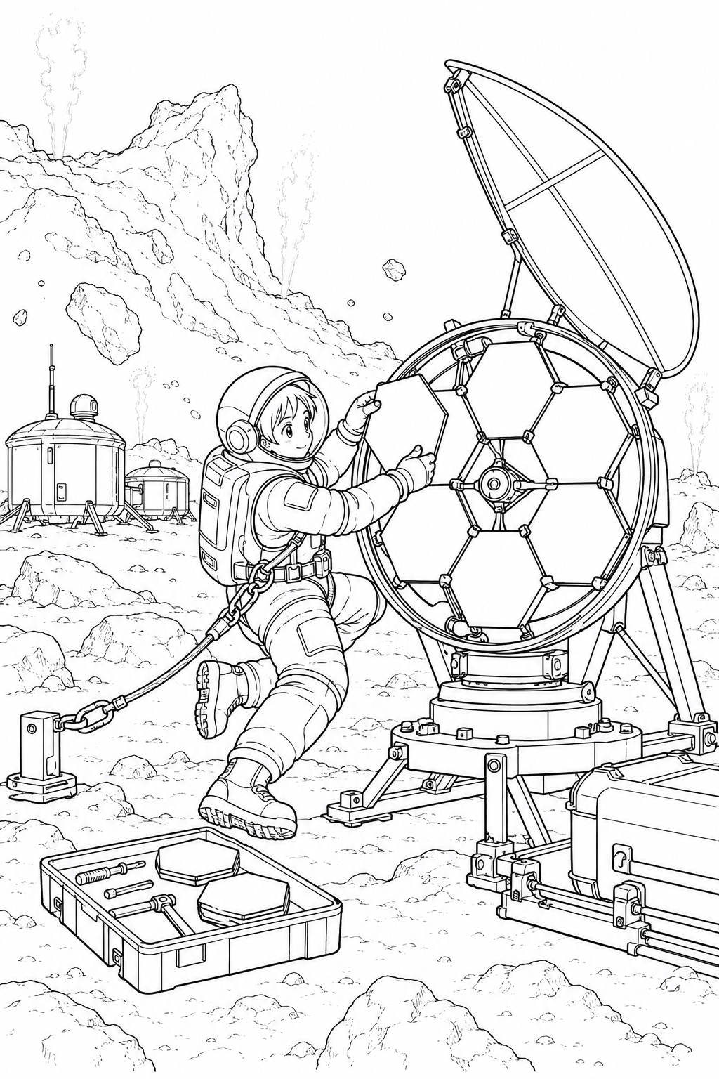 彗星の観測基地：組み立て中の望遠鏡の塗り絵