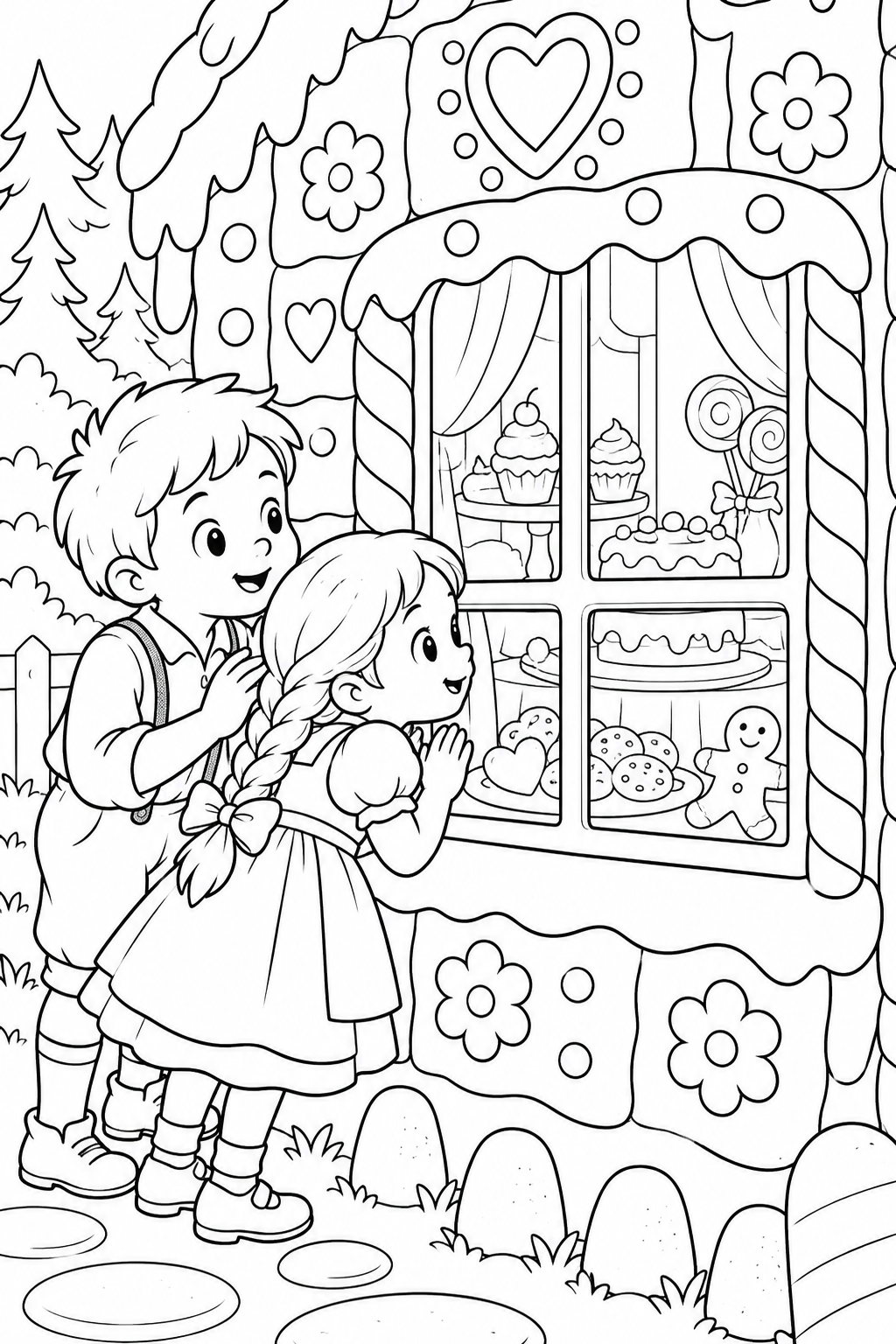 Hansel and Gretel:Peeking through the sugar window(Cozy) coloring page