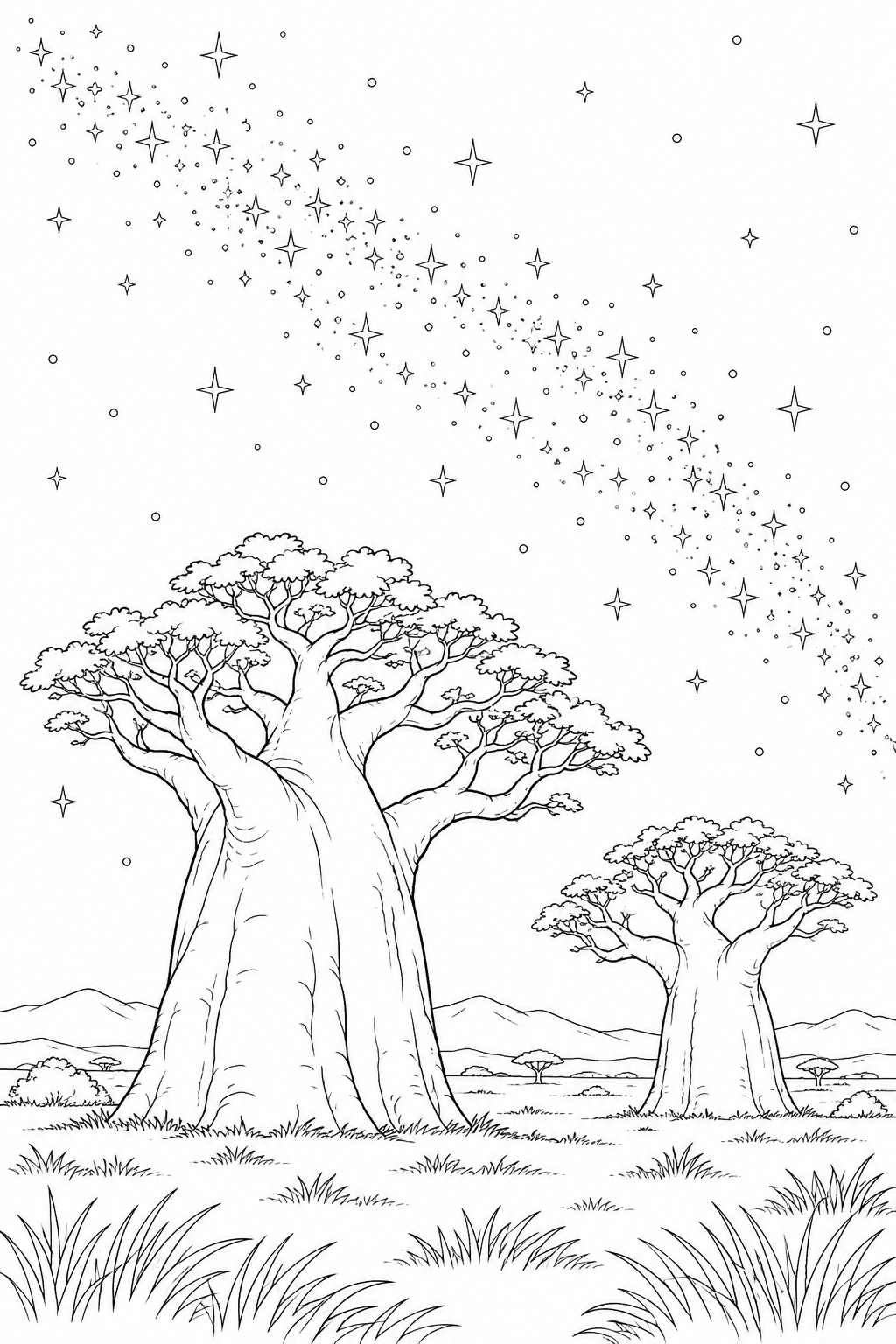 バオバブの平原と天の川の塗り絵