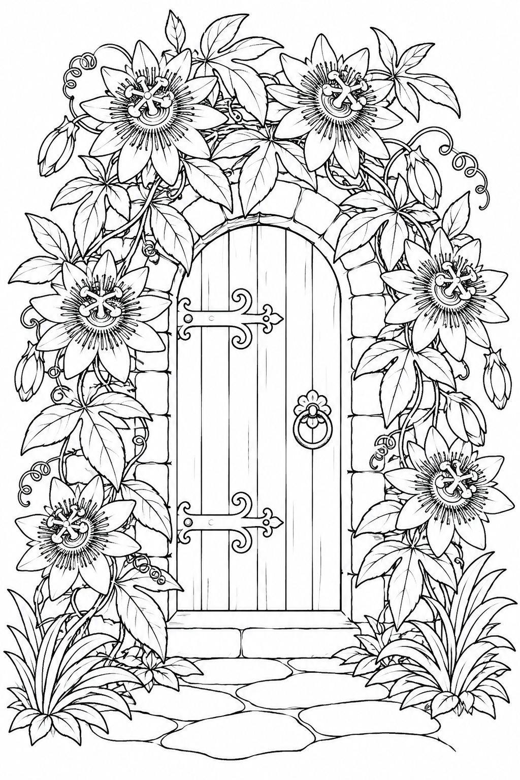 時計草が咲く秘密の扉の塗り絵