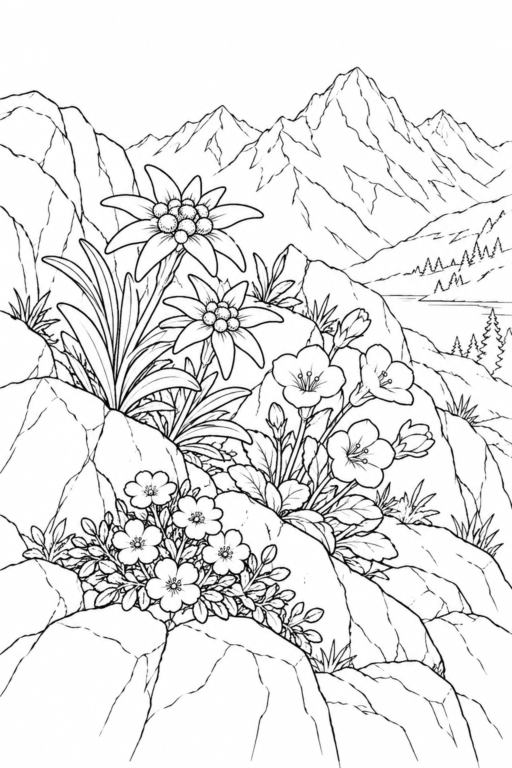 Coloriage Petites fleurs parmi les rochers alpins