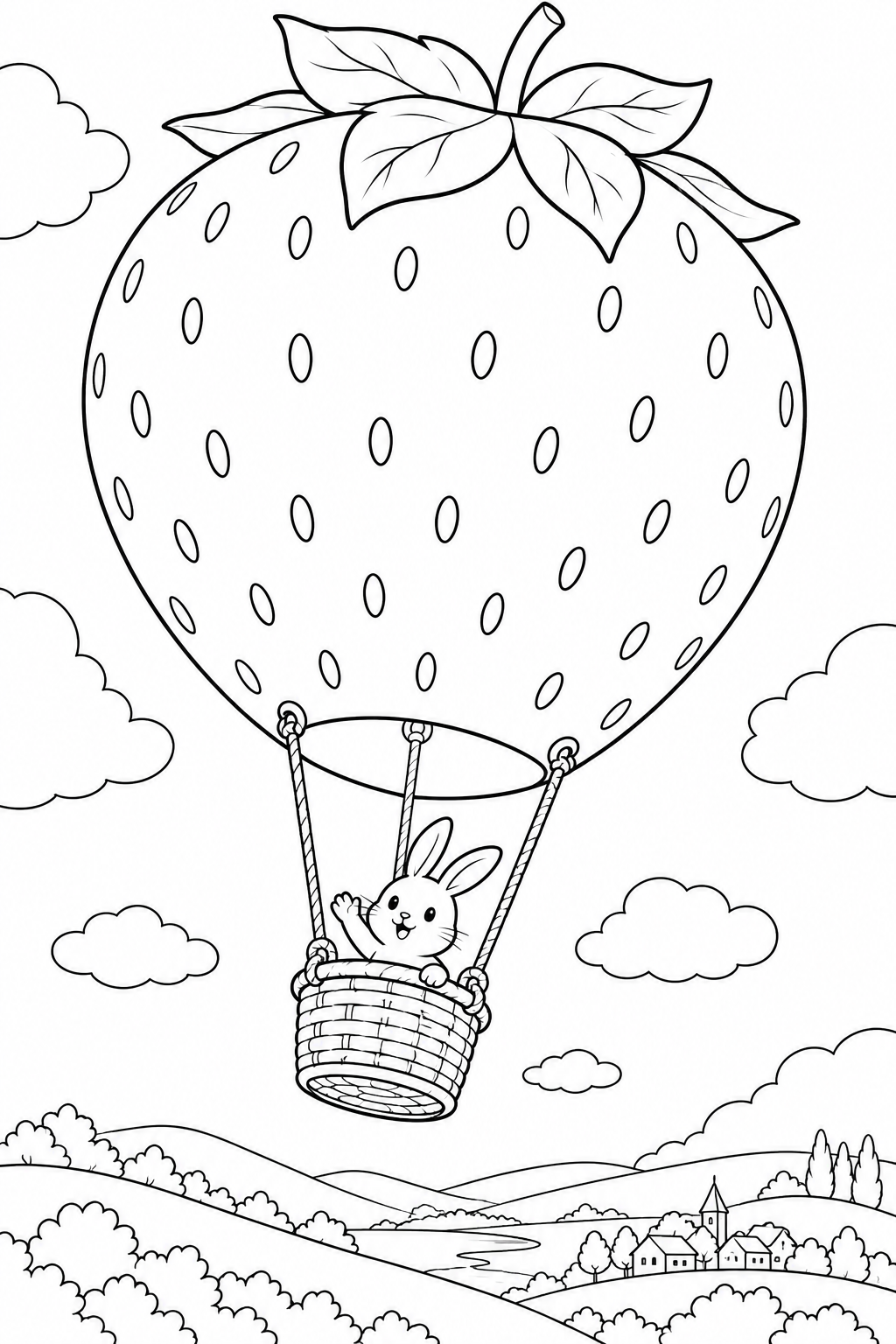いちごの気球の塗り絵