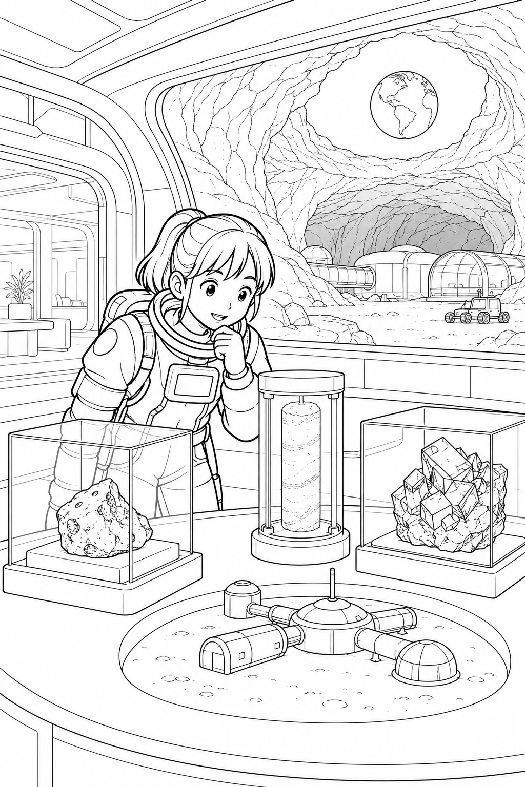 月の溶岩洞基地：探査標本の展示室の塗り絵