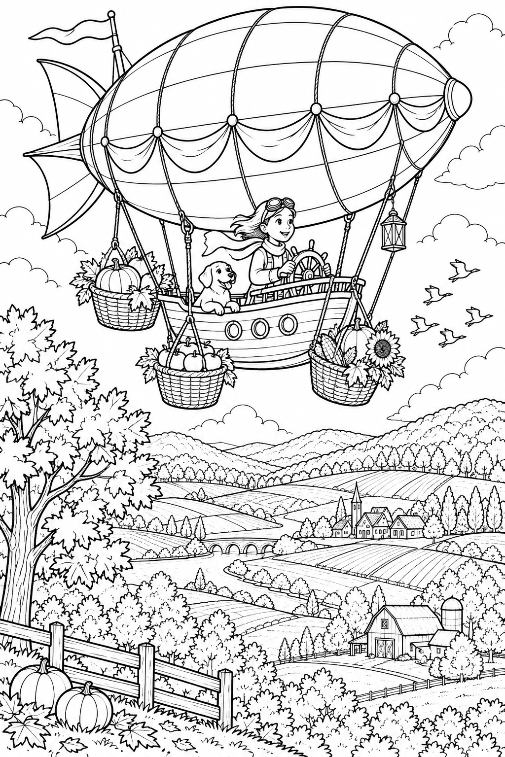 秋の雲をめぐる飛行船の塗り絵
