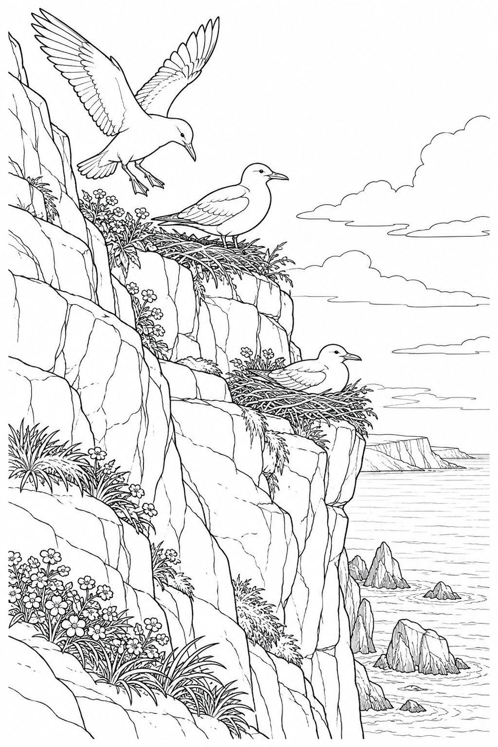 Desenho de Ninhos de aves marinhas no penhasco para colorir