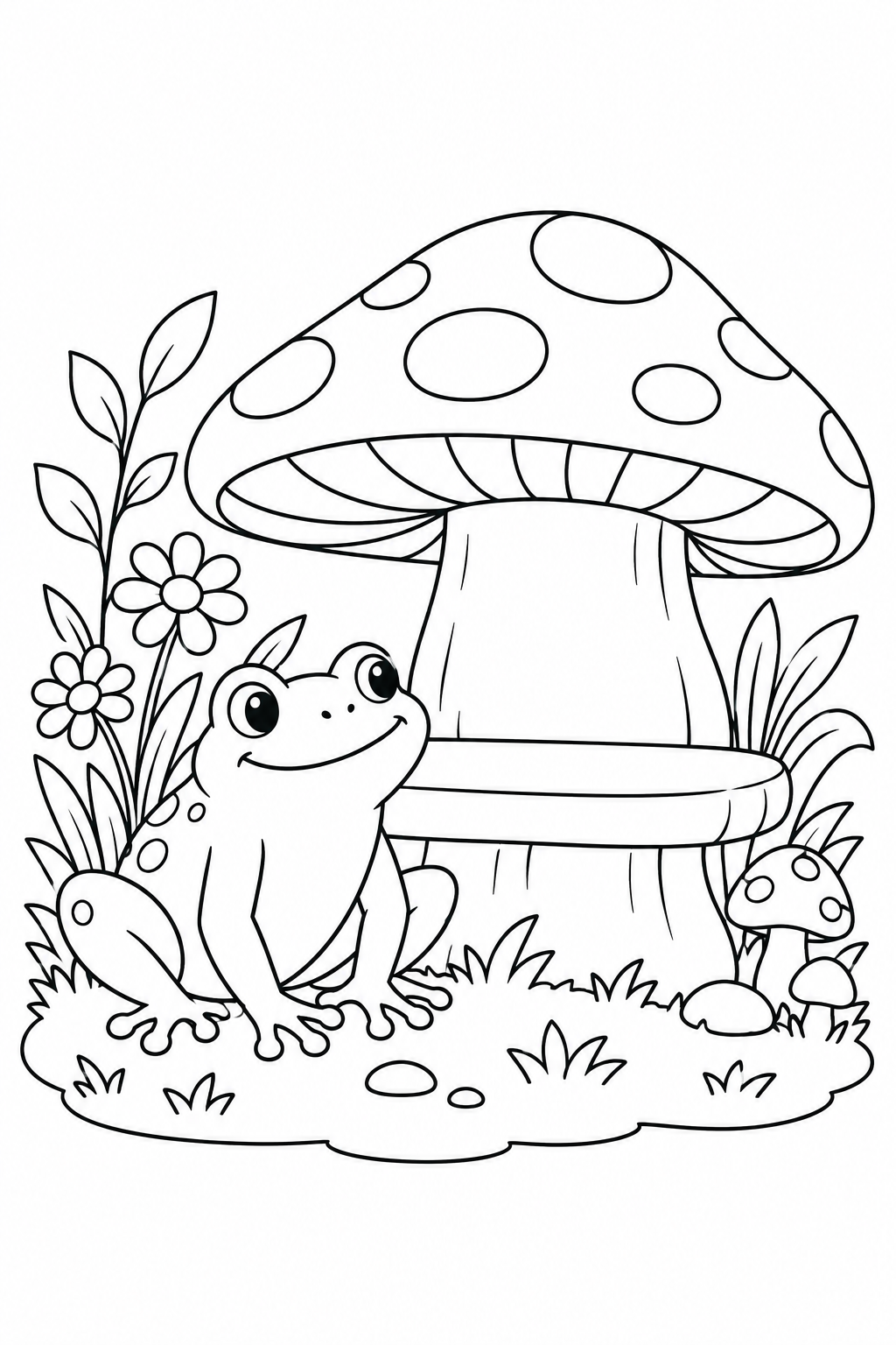カエルときのこのベンチの塗り絵