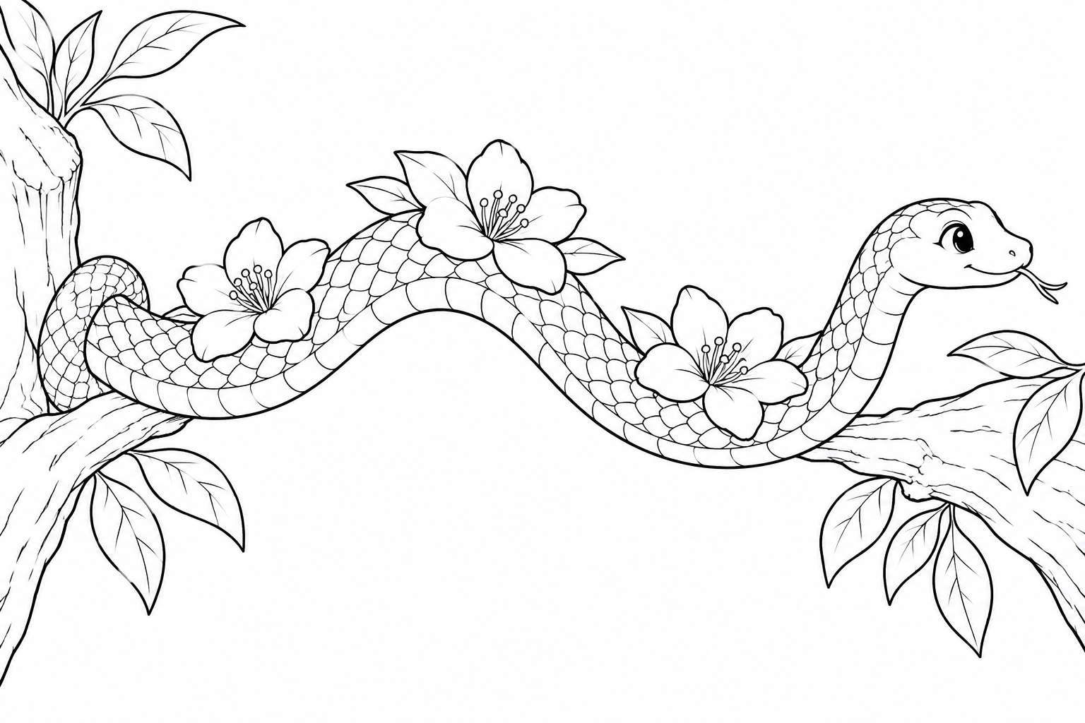 木の枝を渡る花のヘビの塗り絵