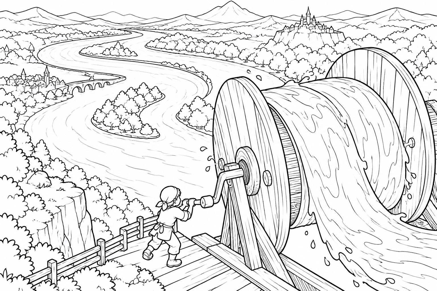 流れる川を巻き取る糸巻きの塗り絵