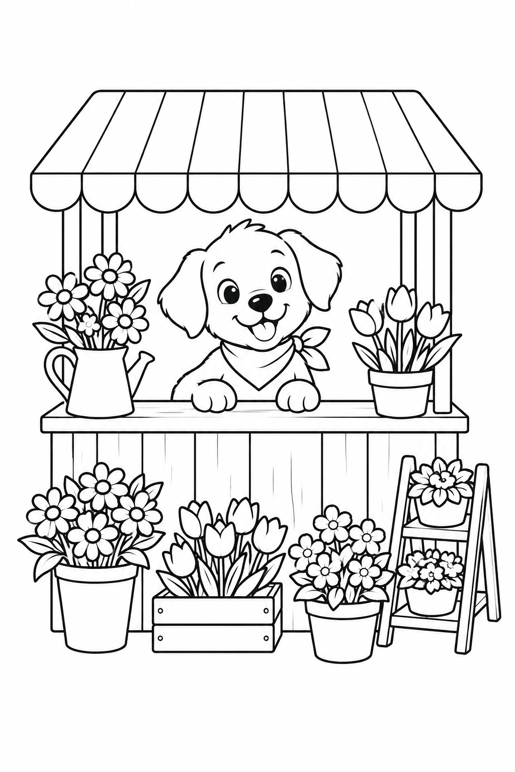 Dibujo de El puesto de la floristería del perrito para colorear