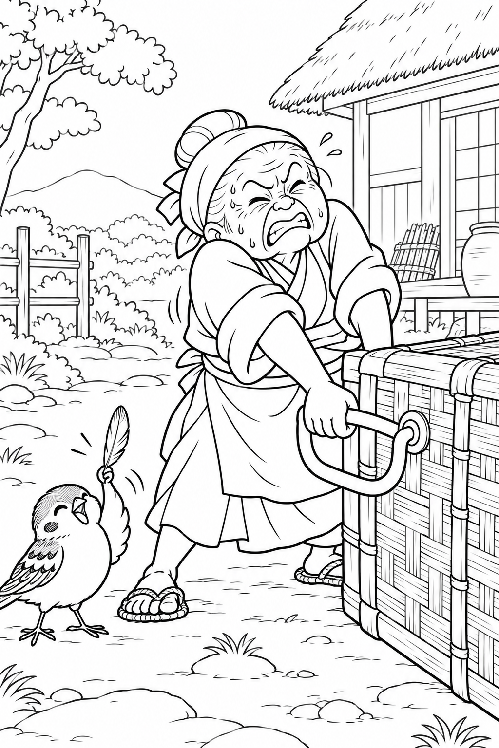 Dibujo de El gorrión de la lengua cortada — La enorme cesta no se mueve para colorear