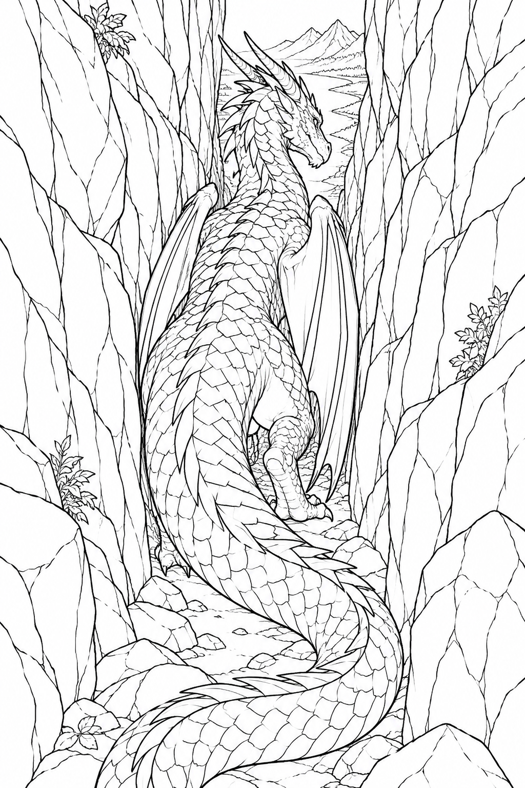 翼をたたんで狭い谷を行く竜の塗り絵