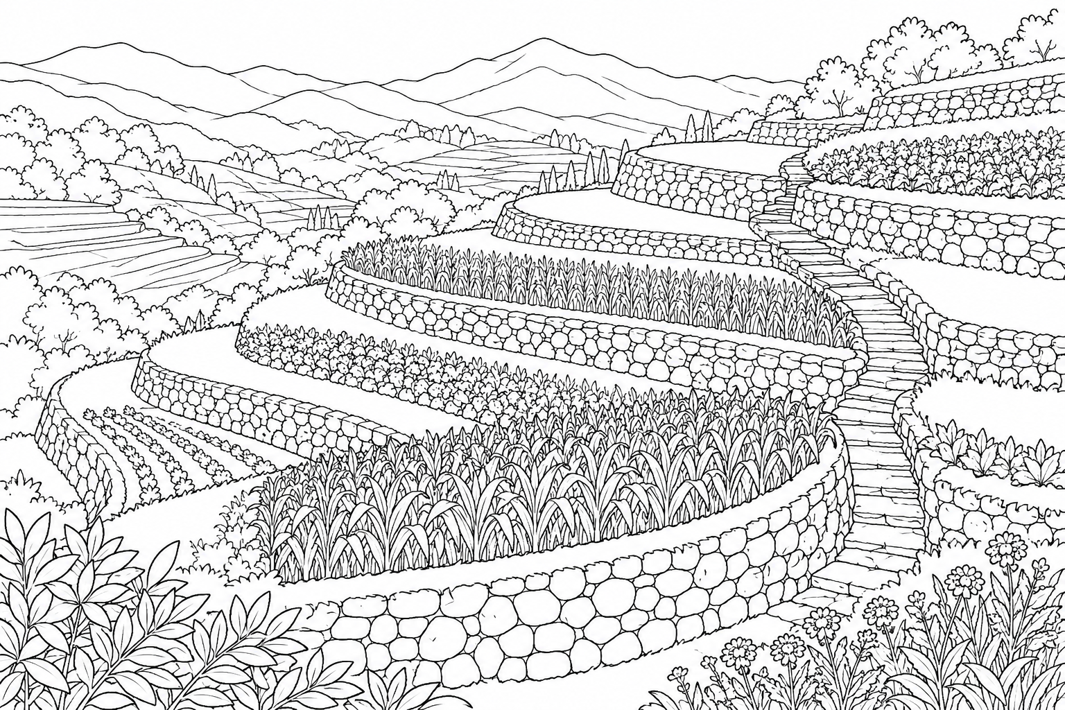 Dibujo de Terrazas de piedra en una ladera para colorear