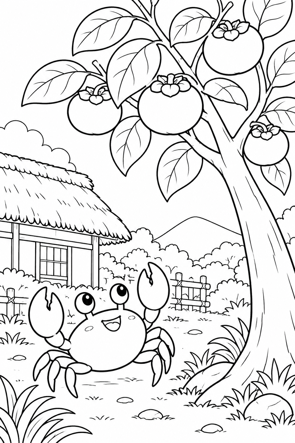 さるかに合戦 ほっこり:育つ柿の木を見上げての塗り絵