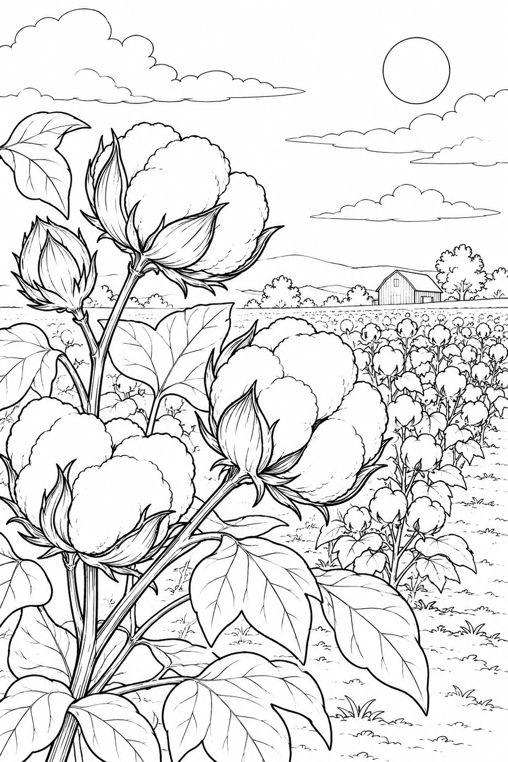 自然のひとこま：綿の実と開いた殻の塗り絵