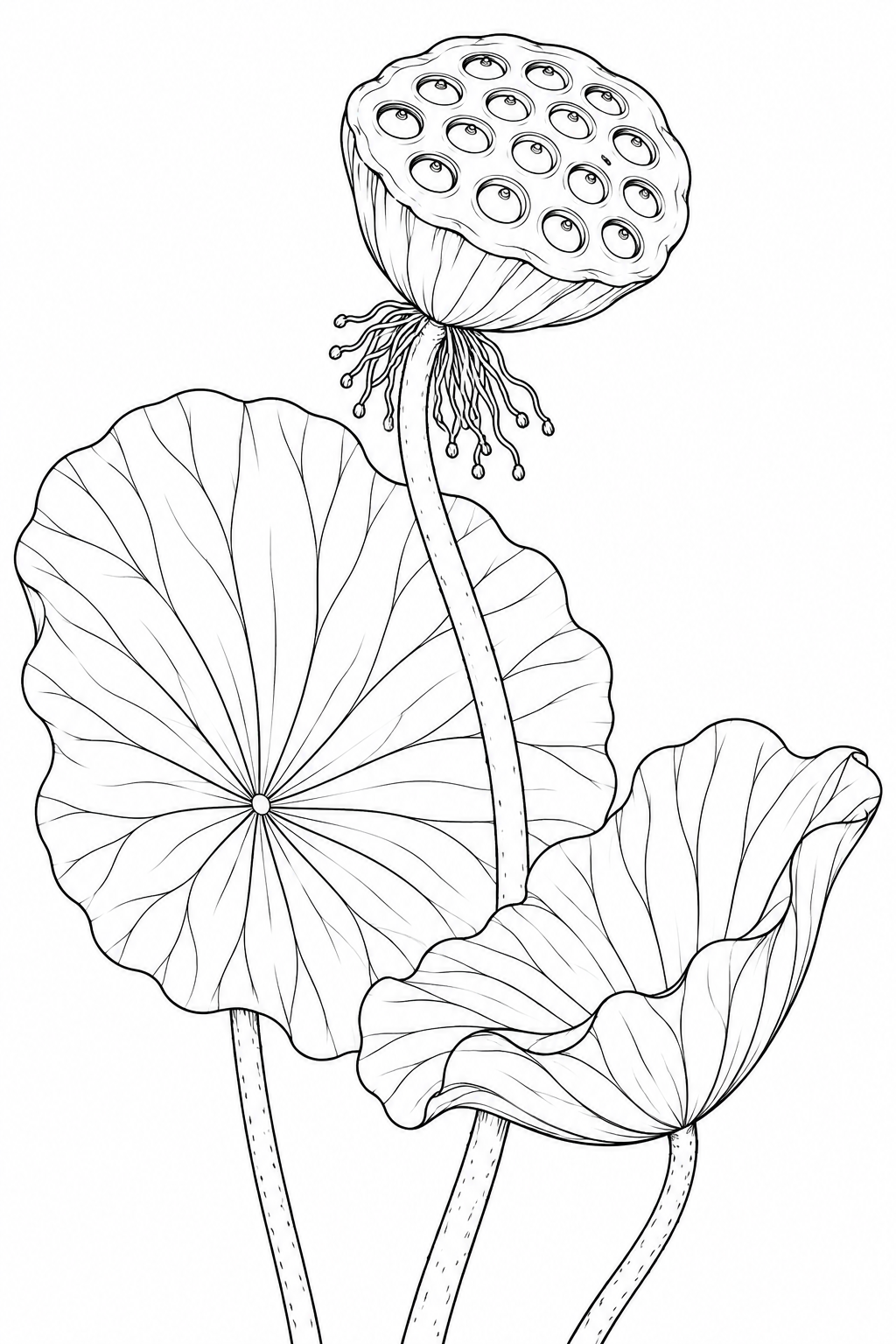 Dibujo de Vaina de loto entre hojas grandes para colorear