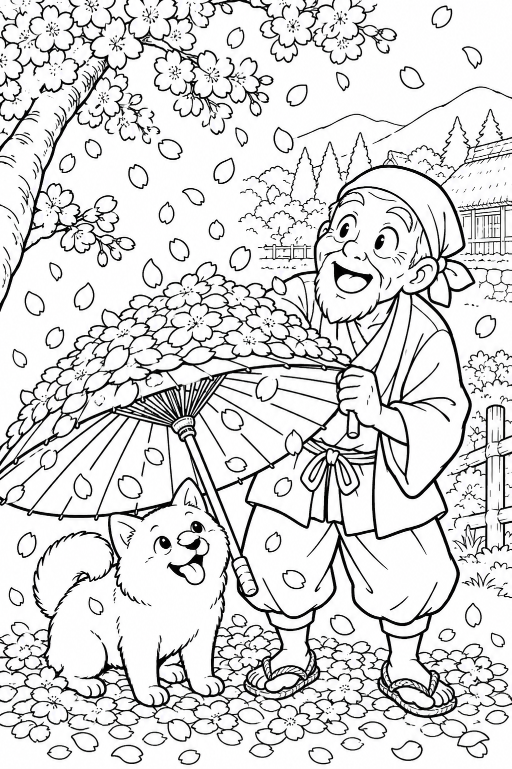 はなさかおじさん:和傘に積もった花びらの山(ギャグ)の塗り絵