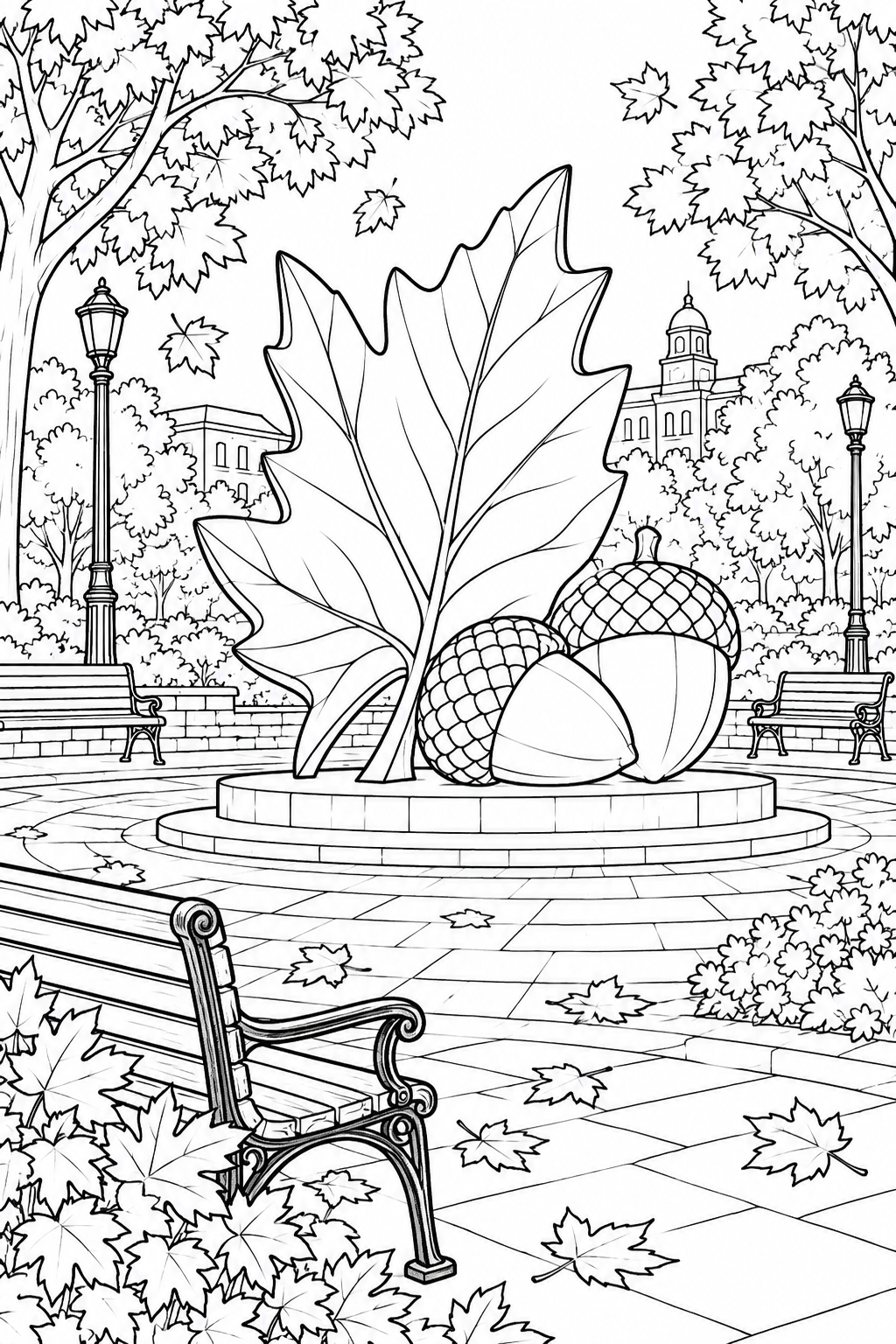 秋の公園の彫刻広場の塗り絵