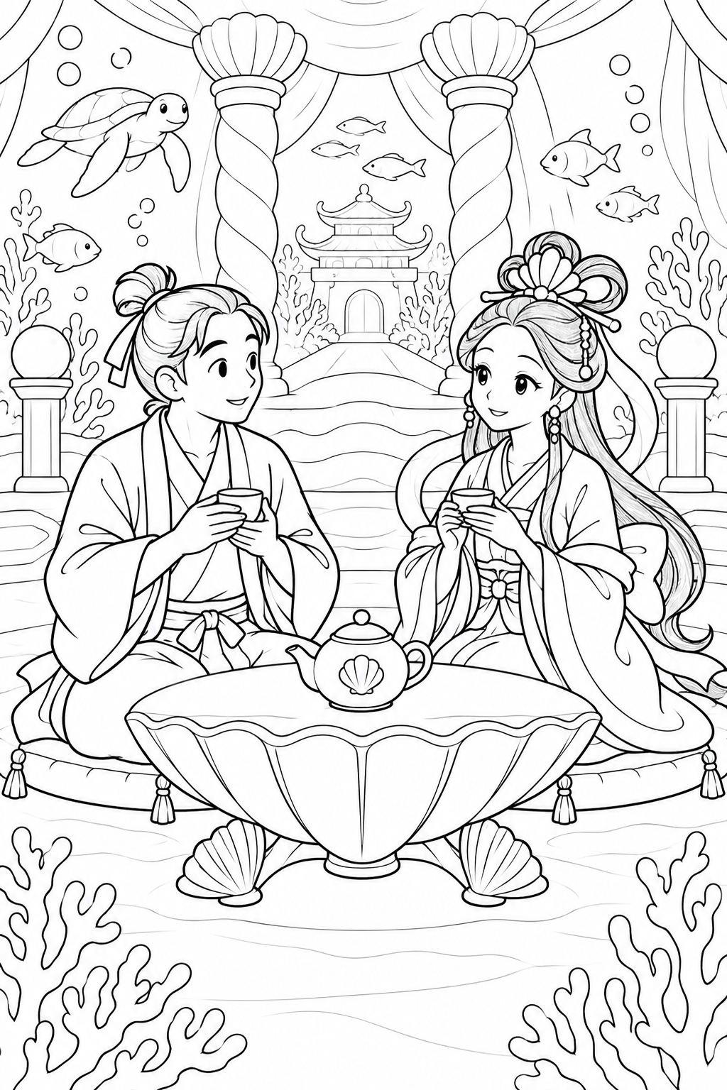 浦島太郎：貝殻の茶席（ほっこり）の塗り絵