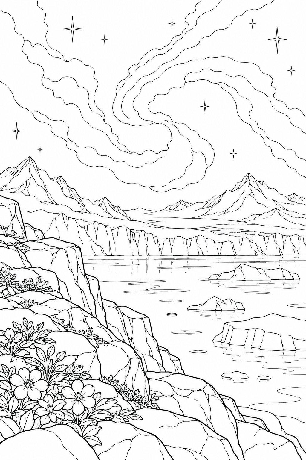 氷河と岩の岬と星雲のゆらめきの塗り絵