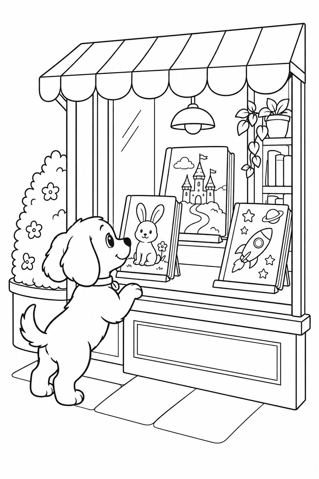 こいぬの本屋さんのショーウィンドウの塗り絵