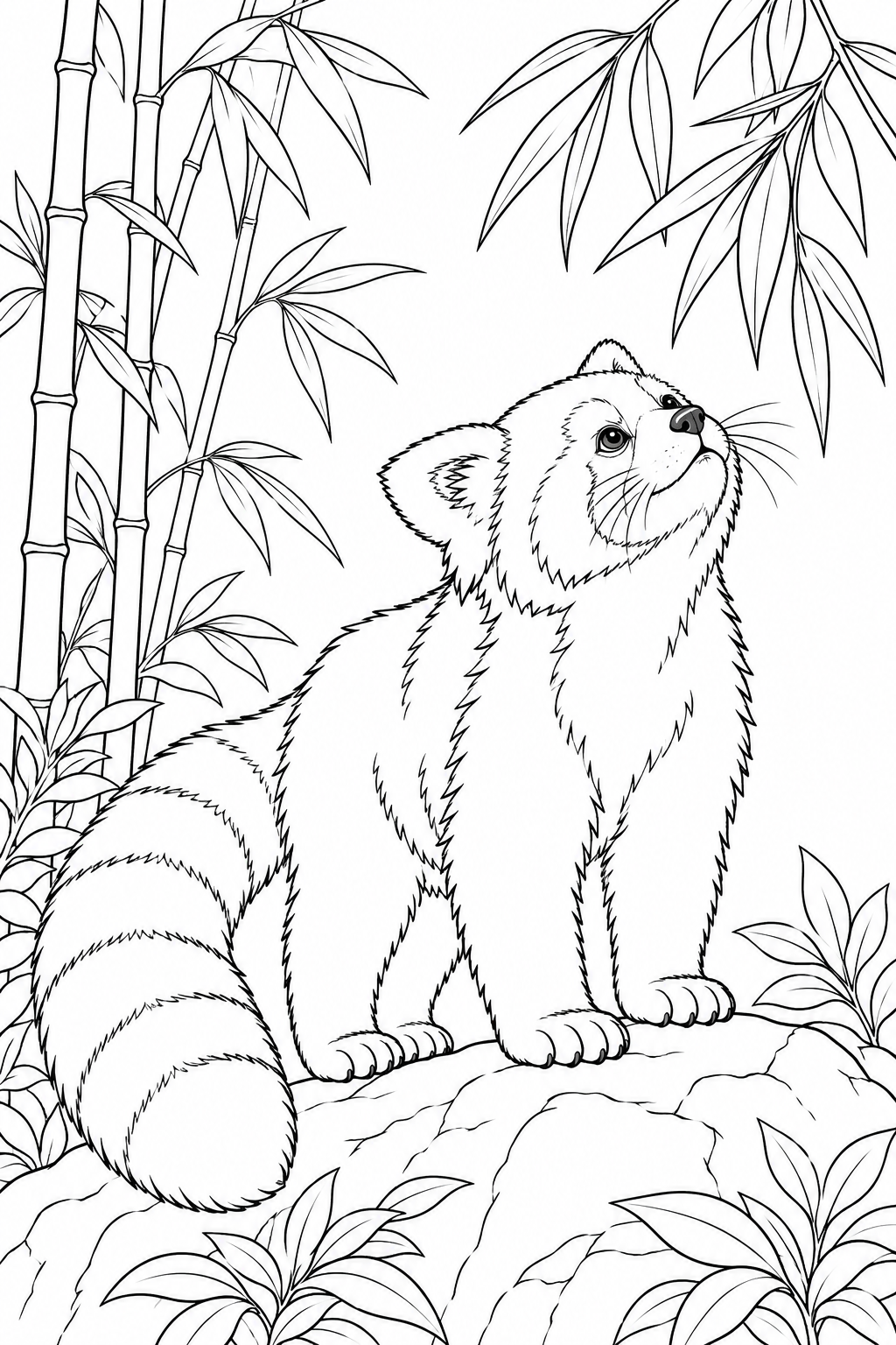 竹の葉を見上げるレッサーパンダの塗り絵