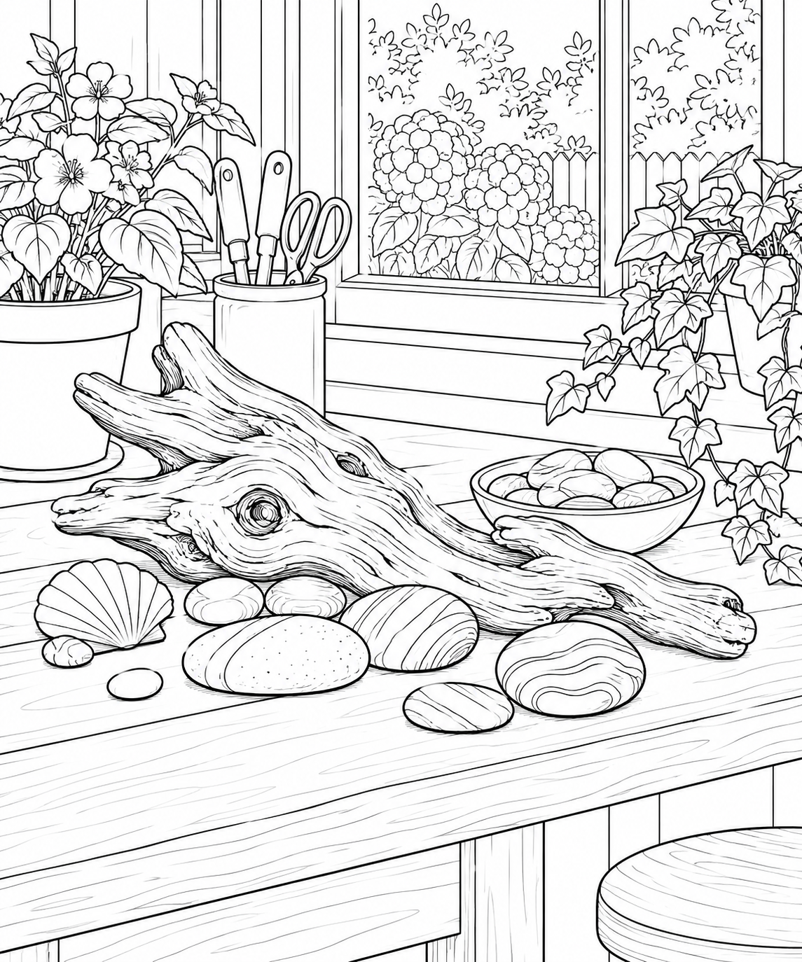 自然のひとこま：流木と丸い小石の塗り絵