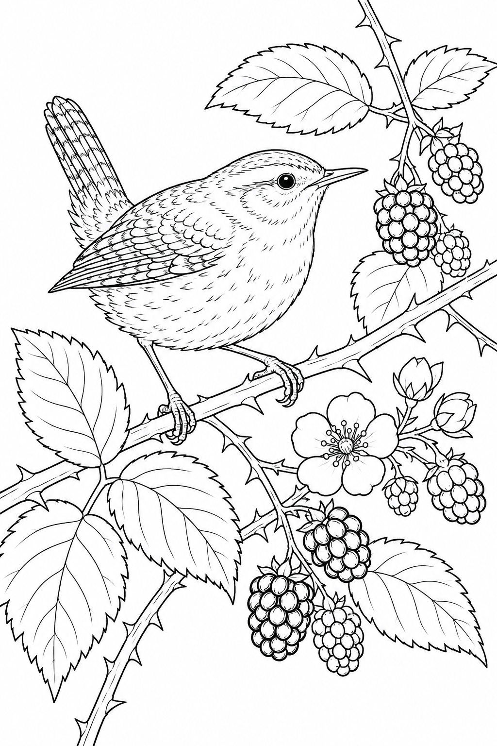 観察スケッチ:ミソサザイといばらの茂みの塗り絵