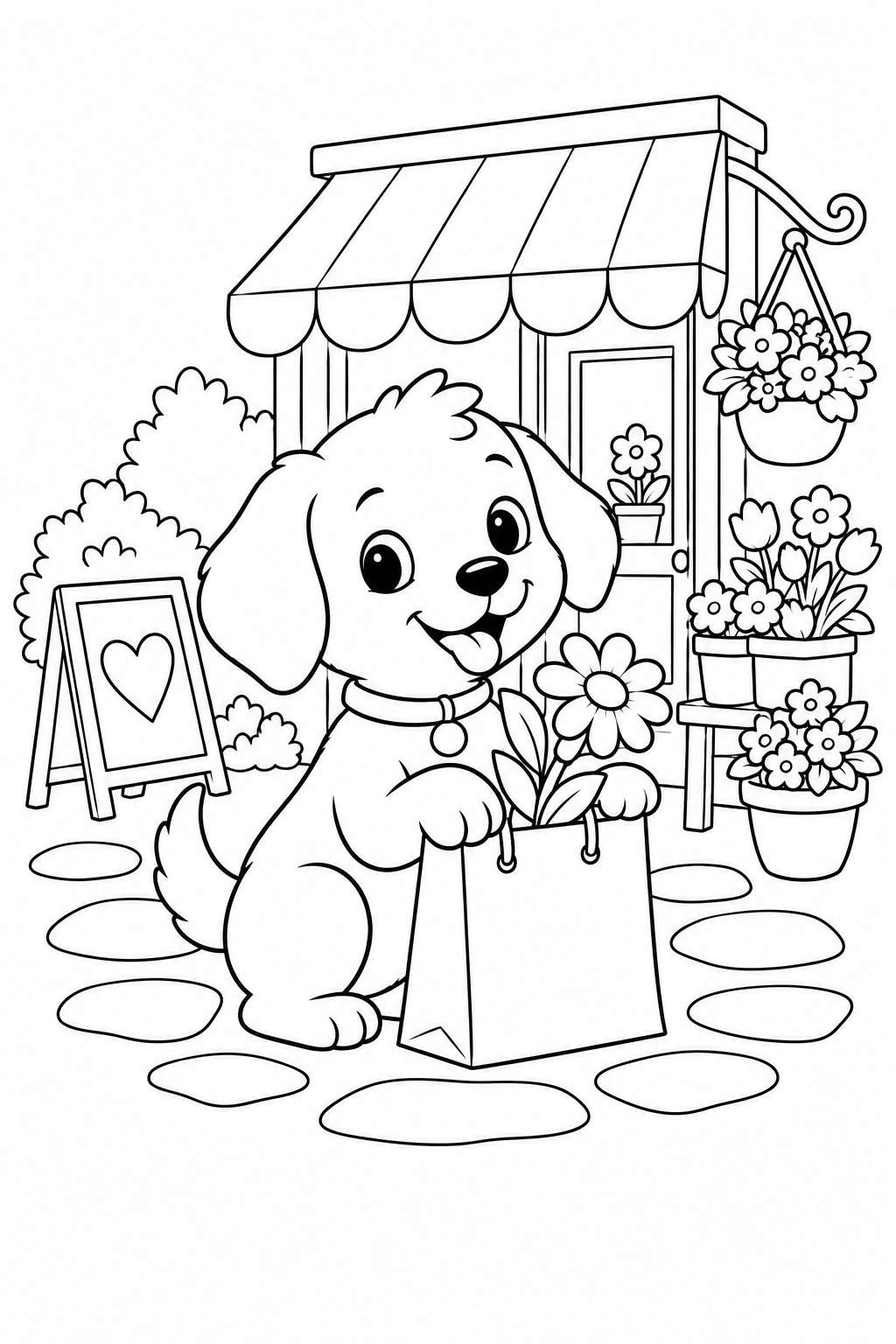 こいぬのお花屋さんのお買い物の塗り絵