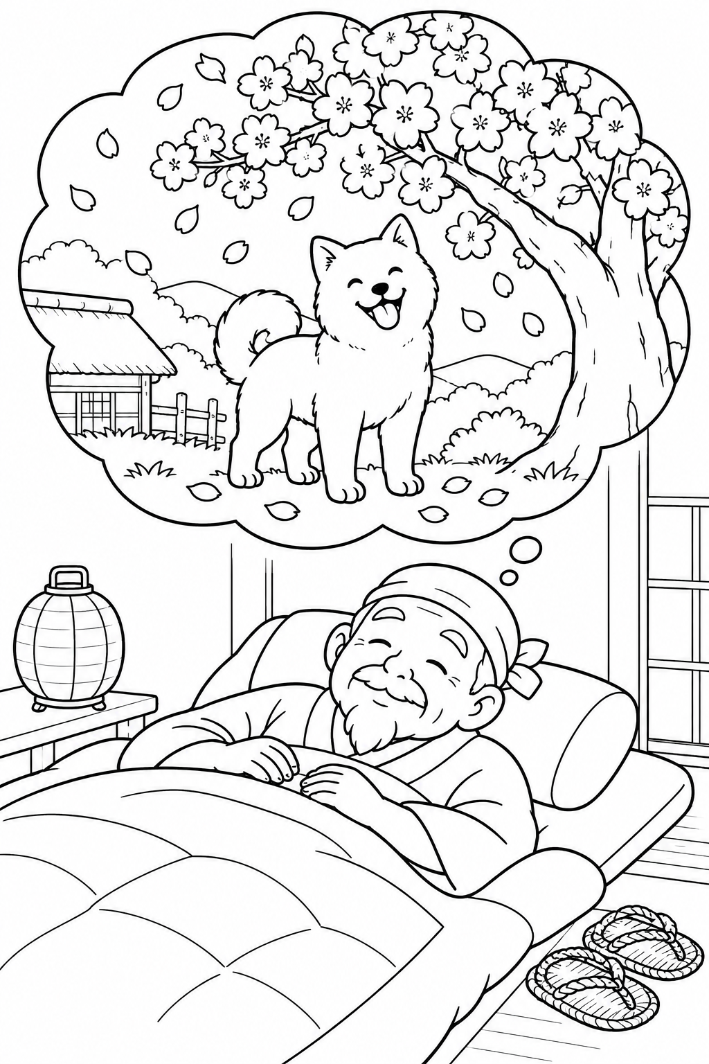 はなさかおじさん:夢で会う白い犬と桜(ほっこり)の塗り絵