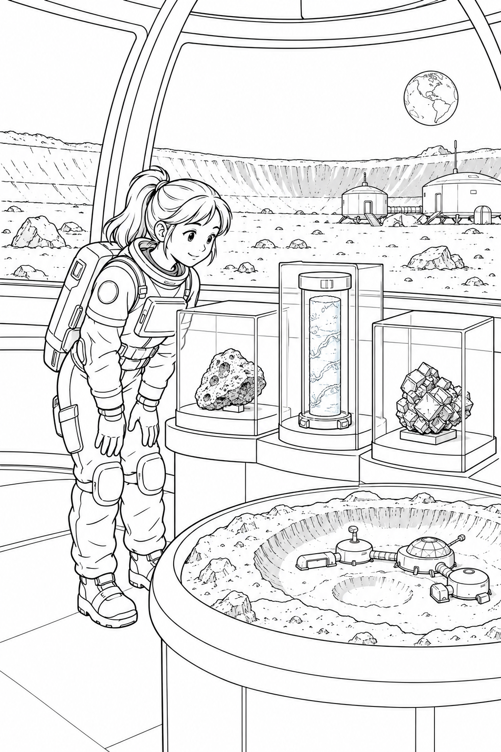 月のクレーター基地：探査標本の展示室の塗り絵