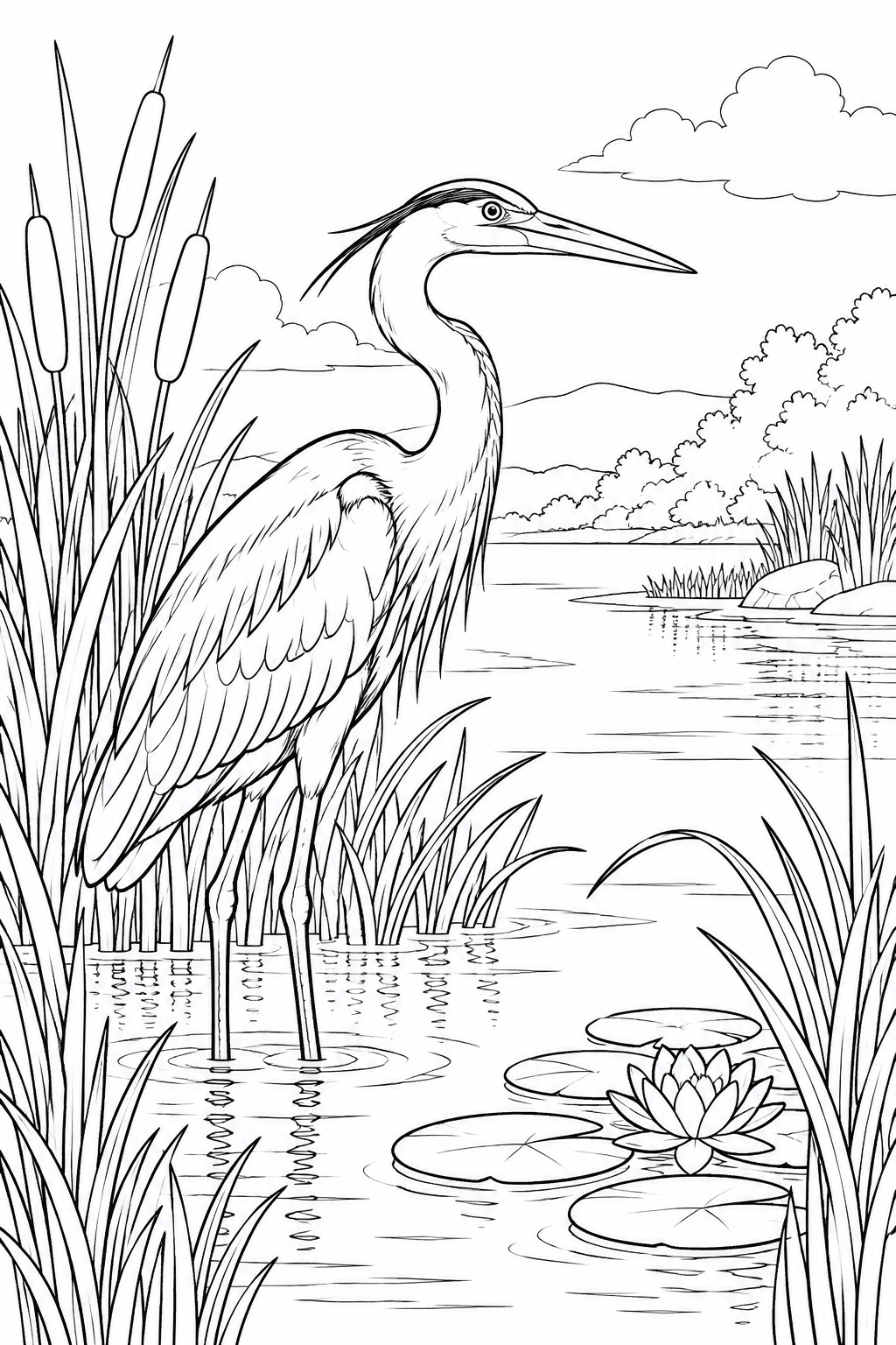 自然のひとこま:サギと水辺の葦の塗り絵