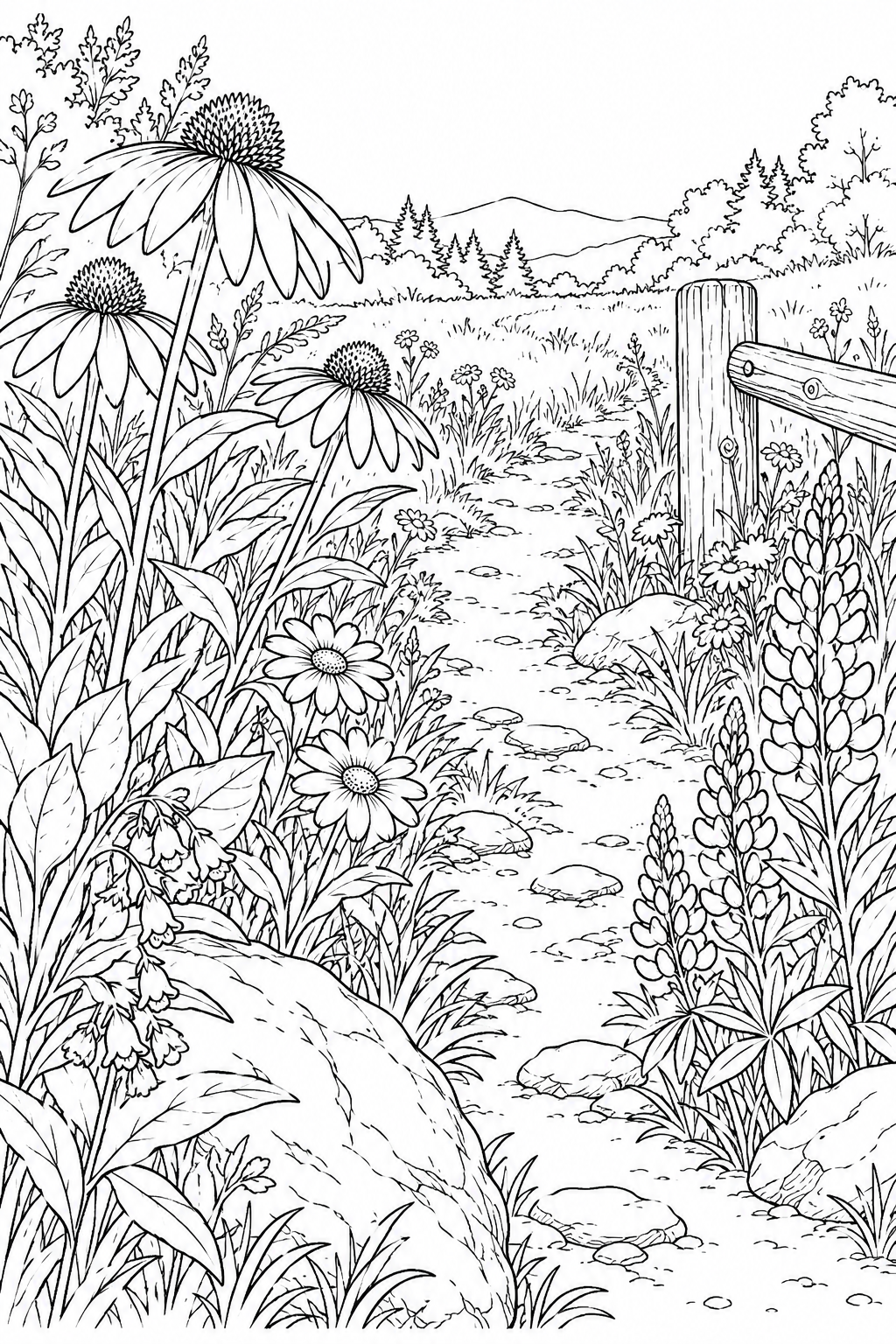 観察スケッチ:野の花が並ぶ草原の道の塗り絵