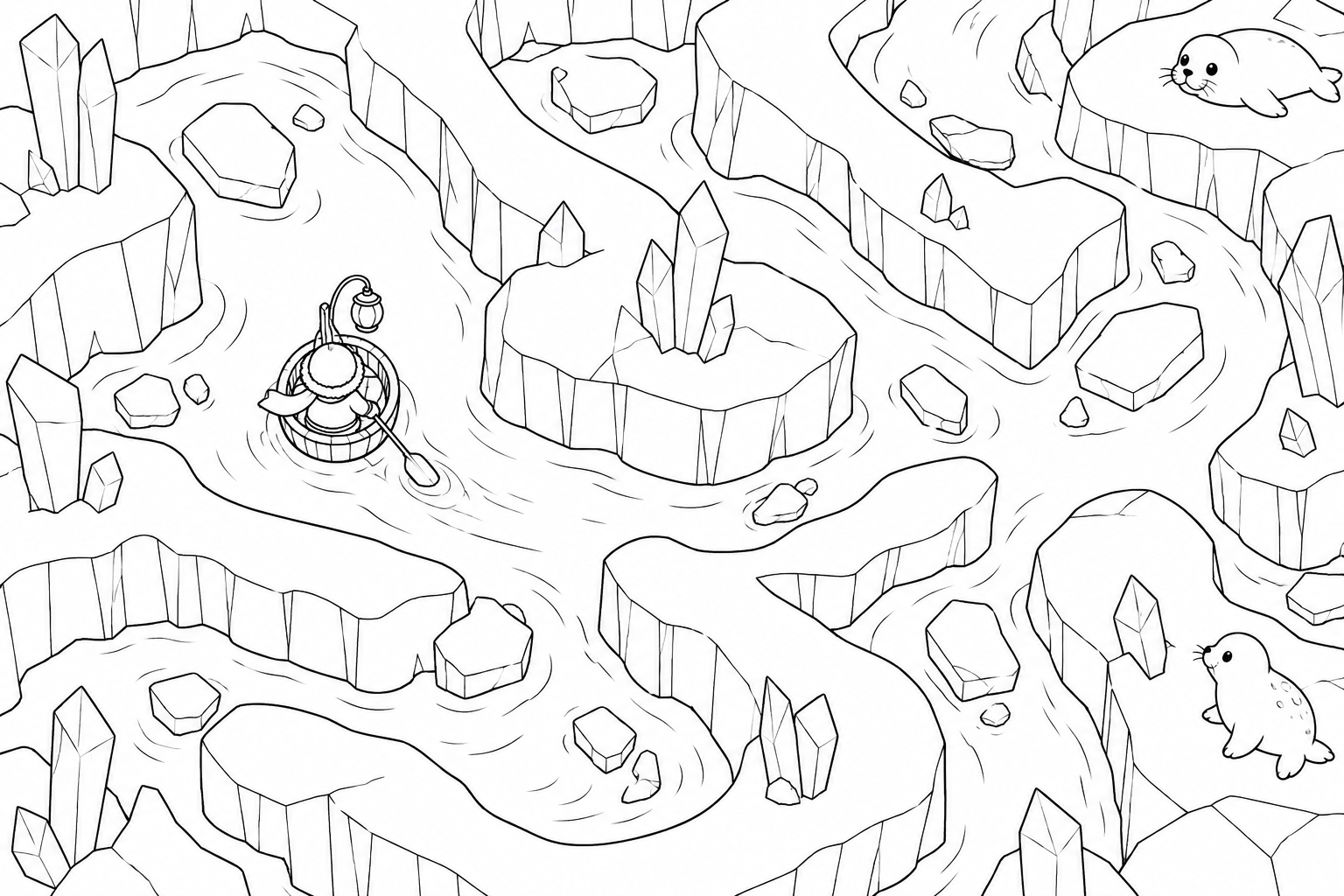 氷の迷路を進むランタン船の塗り絵
