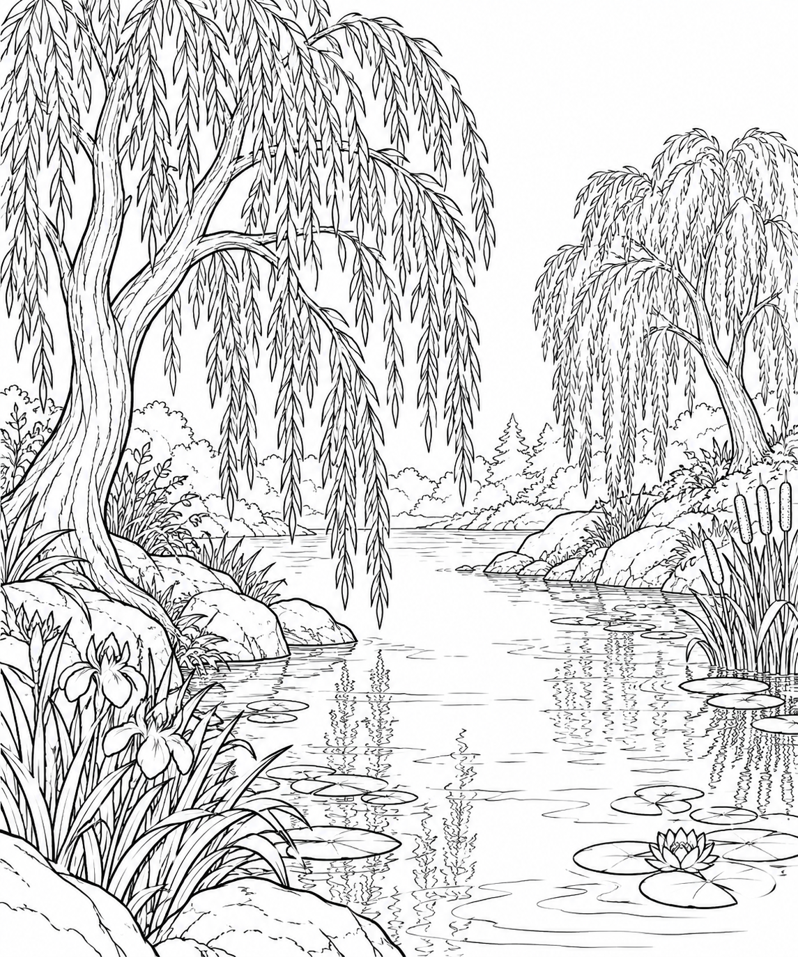 自然のひとこま:水辺のしだれ柳の塗り絵