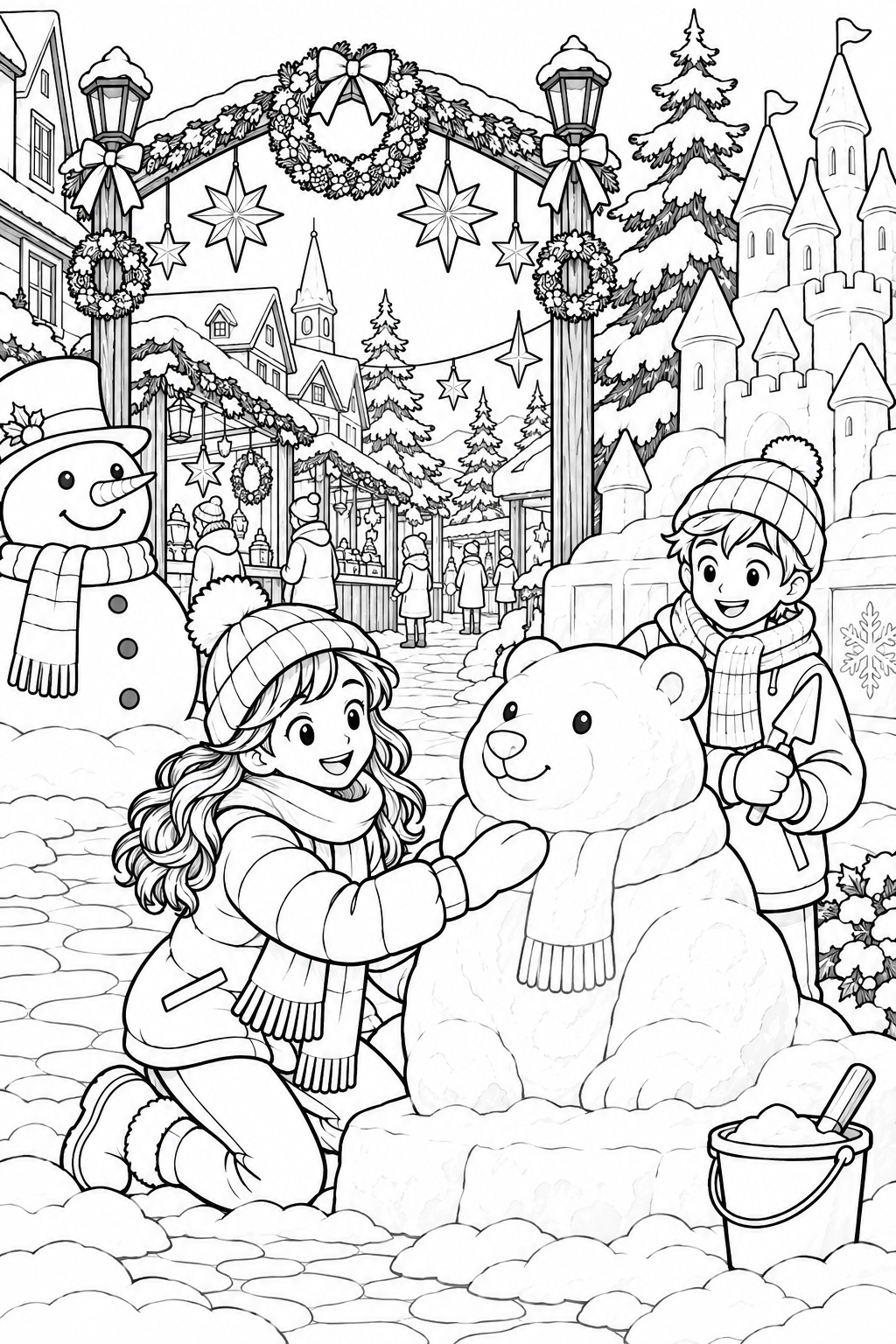 冬の小さな祭りの飾り道の塗り絵