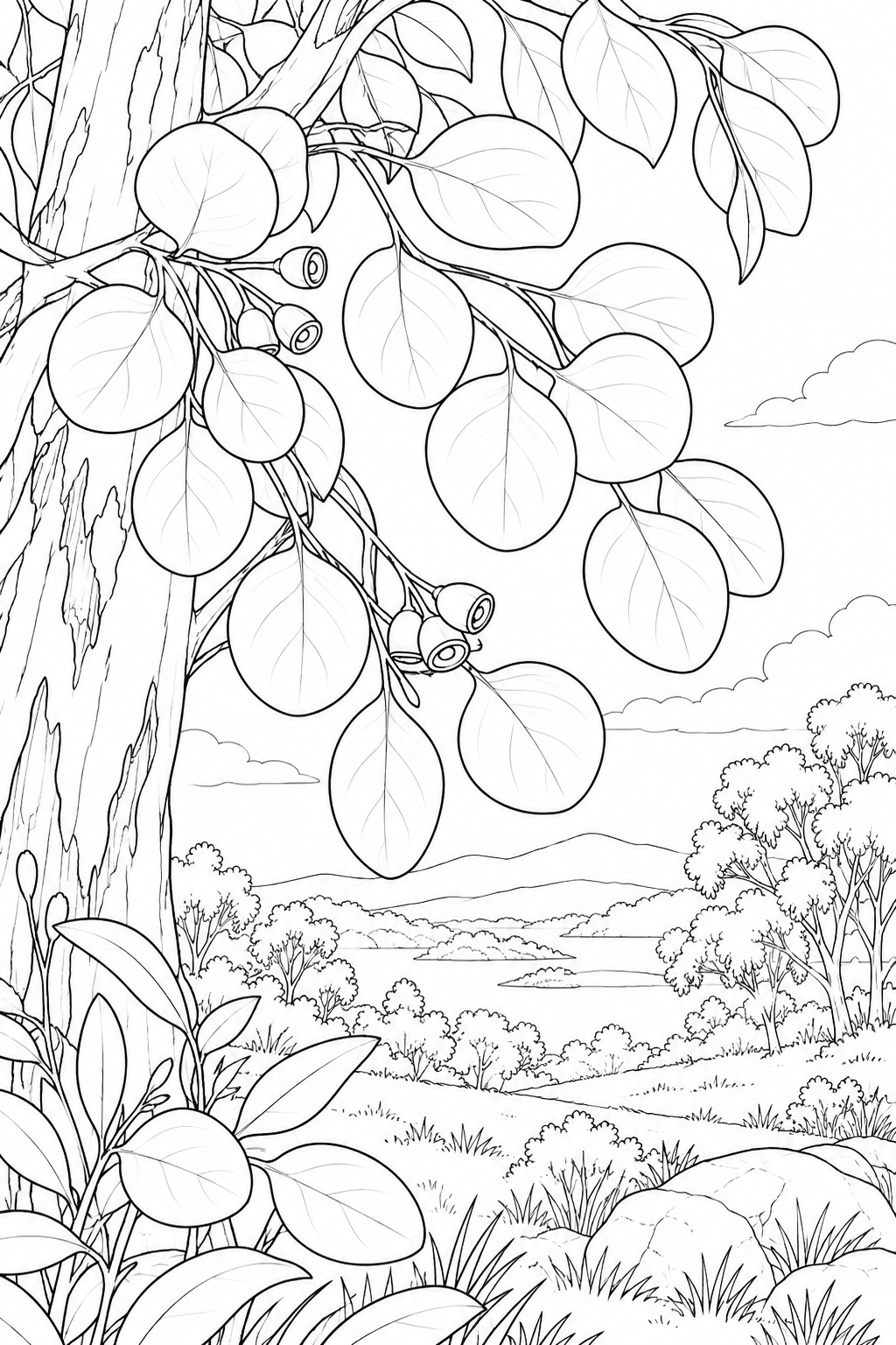 自然のひとこま：ユーカリの丸い葉の塗り絵