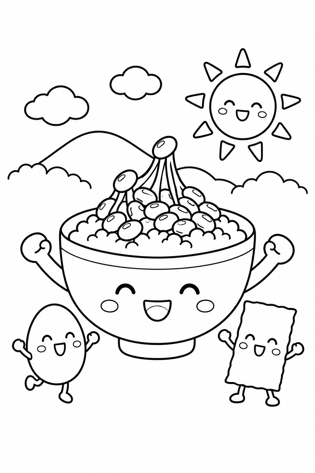 納豆ごはんの朝のごあいさつの塗り絵