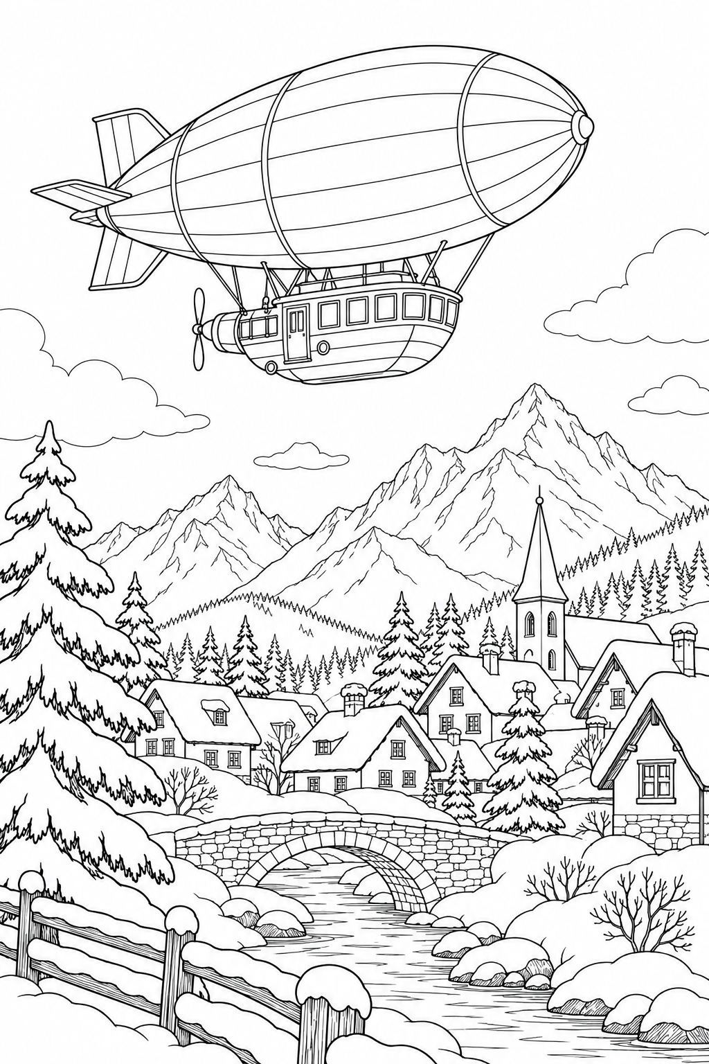冬の雲をめぐる飛行船の塗り絵