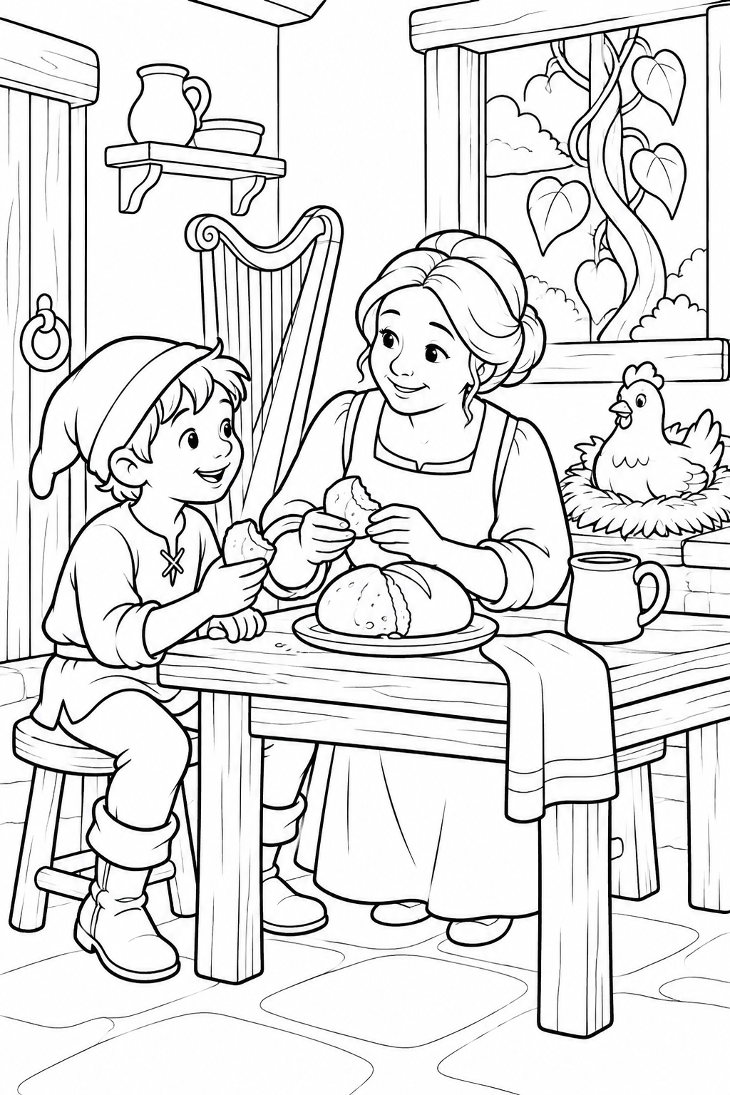 Jack and the Beanstalk・Heartwarming — A family meal after returning home coloring page