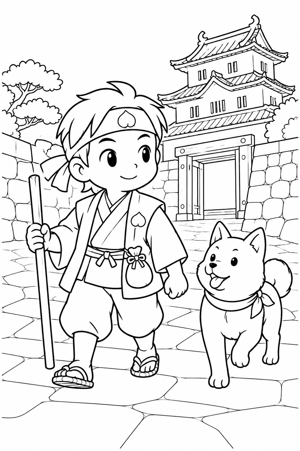 ほっこり桃太郎:桃太郎と犬の見回りの塗り絵