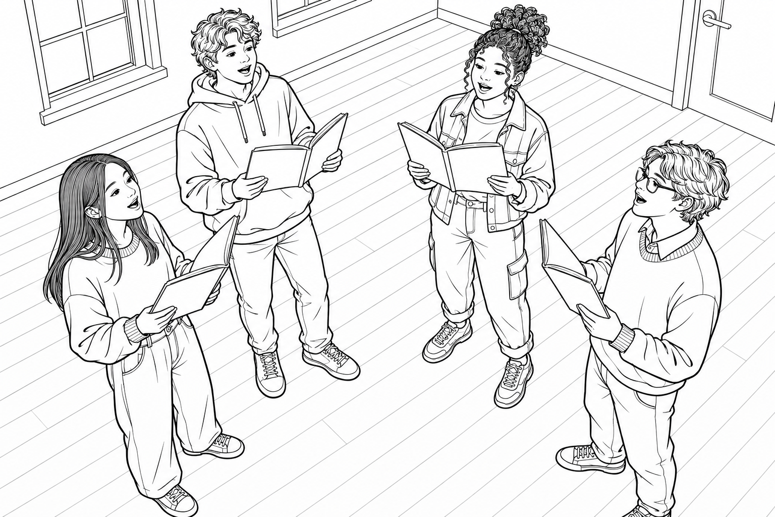 Coloriage Quatre chanteurs en cercle