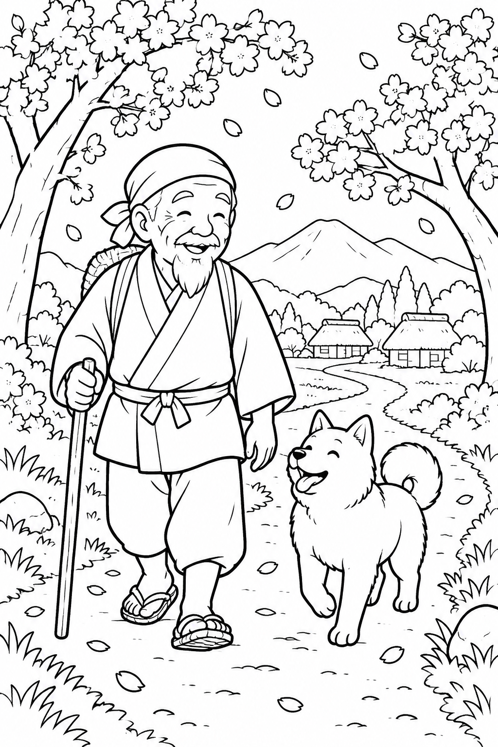 はなさかおじさん:白い犬と春の里道(ほっこり)の塗り絵