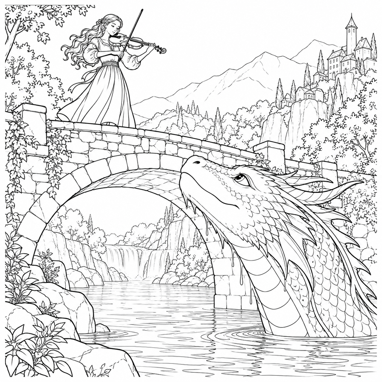 Dibujo de Dragón acuático escuchando bajo un puente para colorear