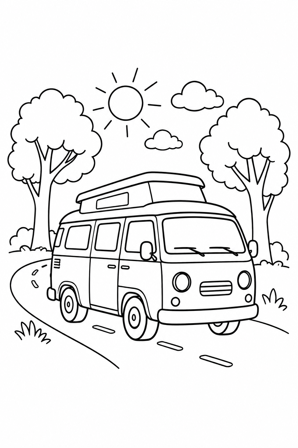 キャンピングカーと森の道の塗り絵