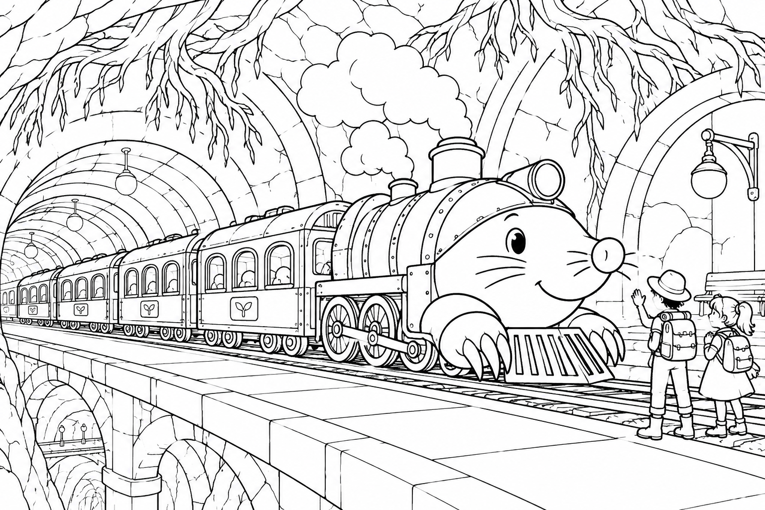 地底の駅に着くモグラ列車の塗り絵