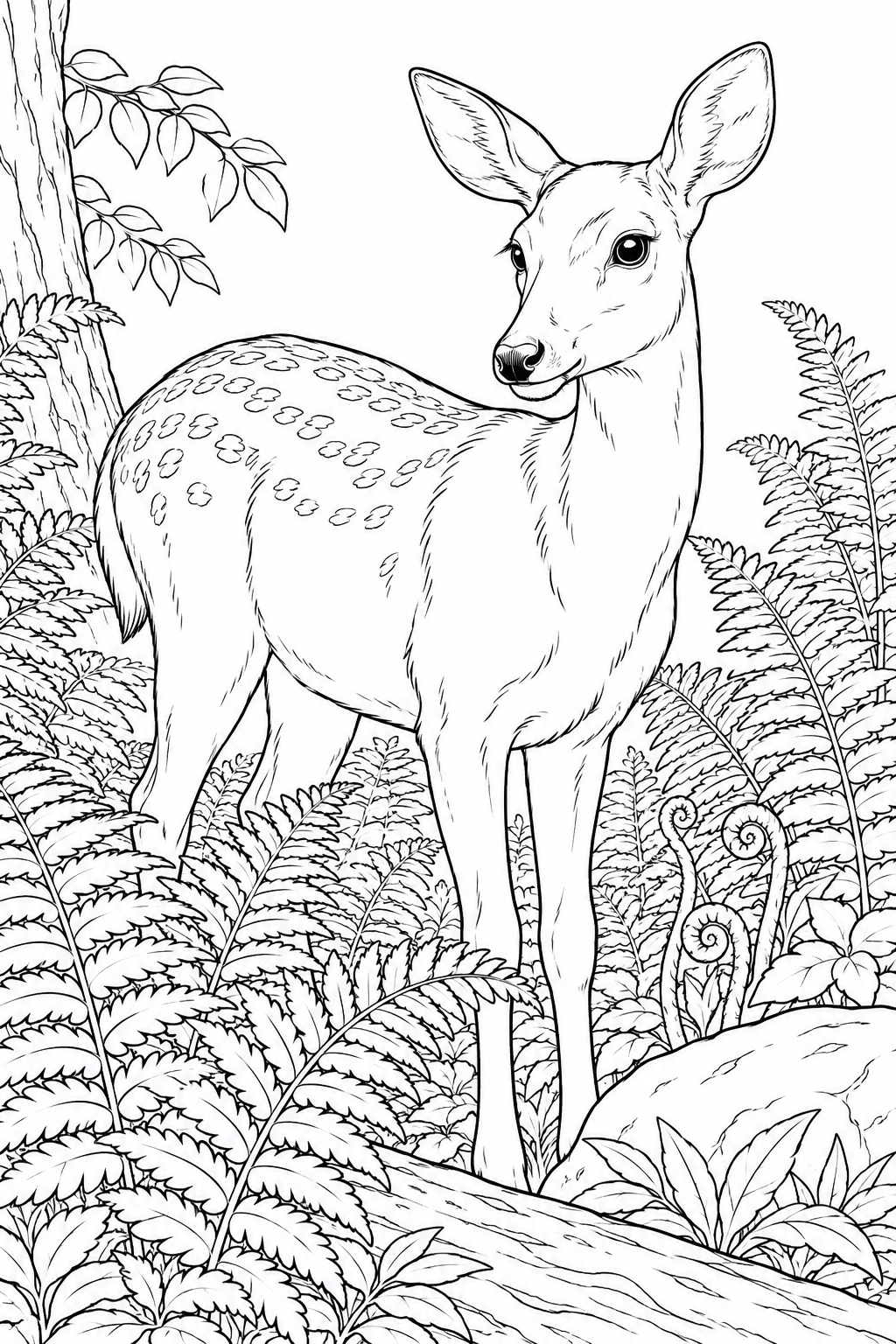 観察スケッチ：シカとシダの茂みの塗り絵