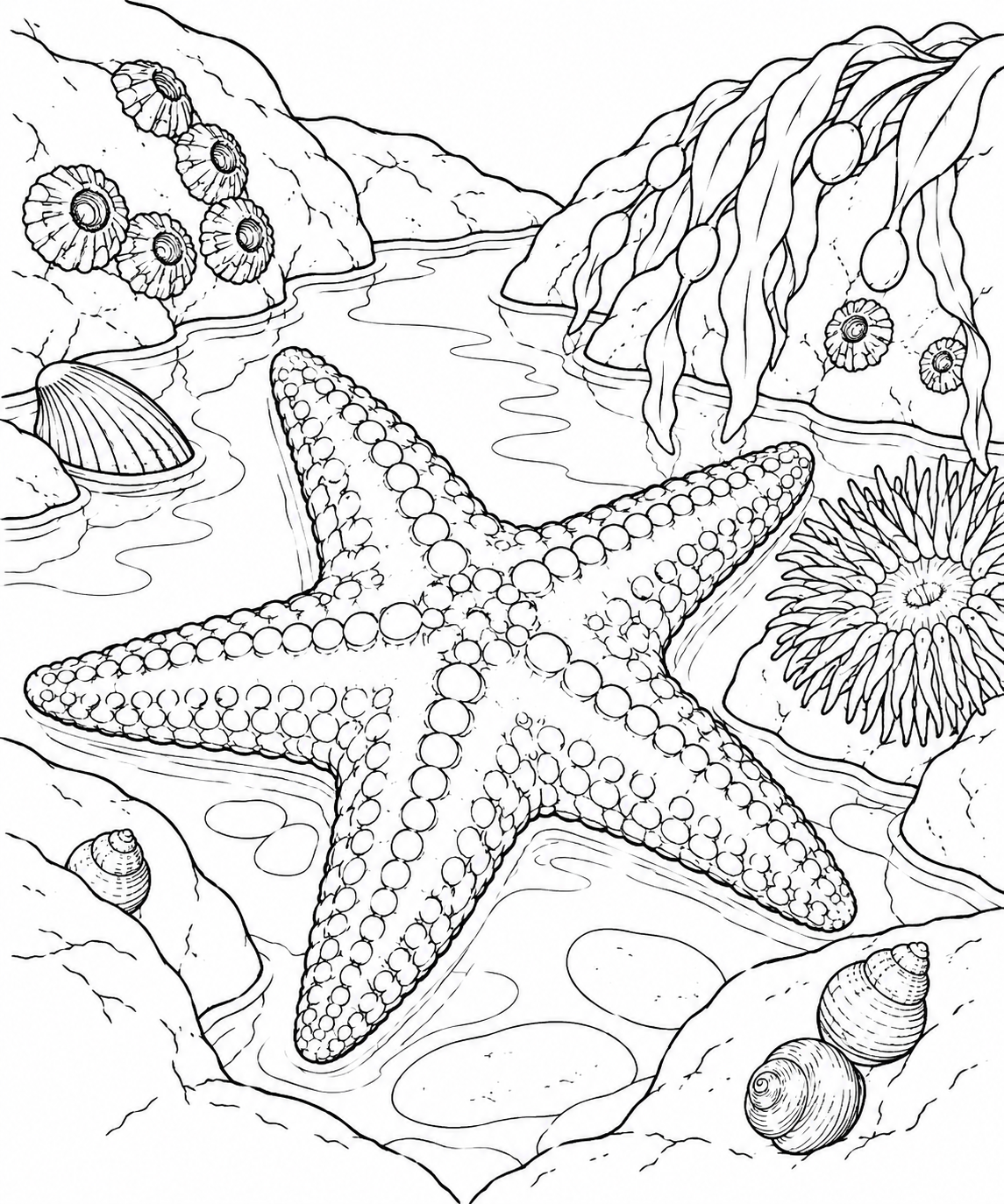 観察スケッチ:ヒトデと潮だまりの塗り絵