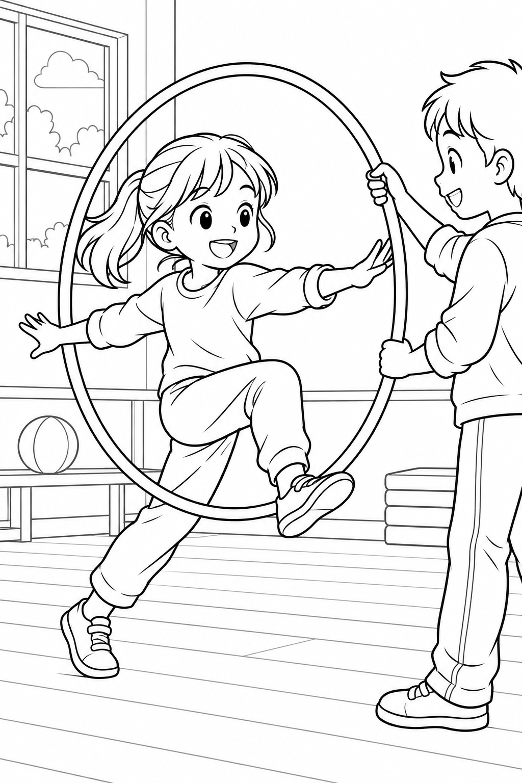 フープをくぐるダンスの塗り絵