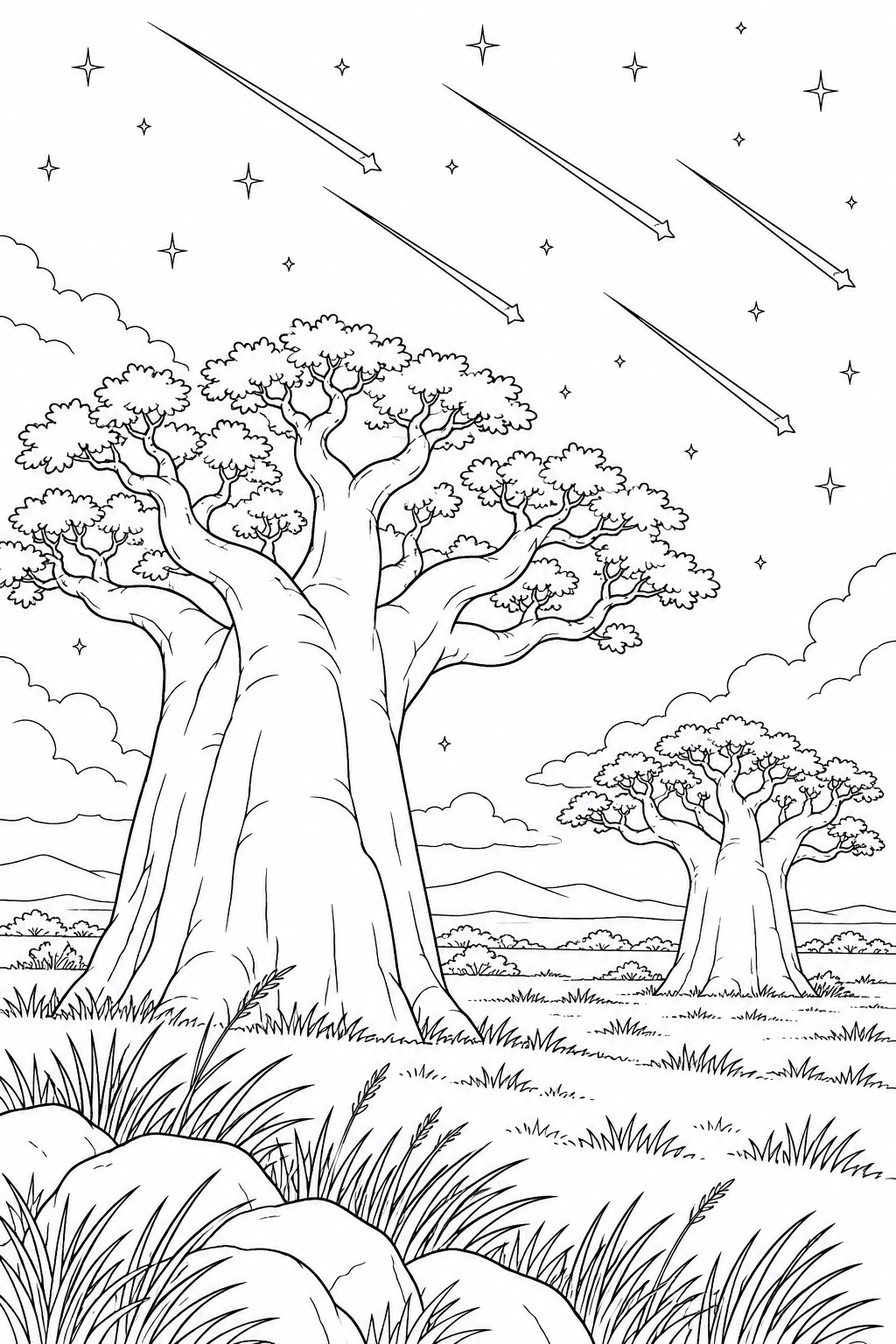 バオバブの平原と流星群の塗り絵