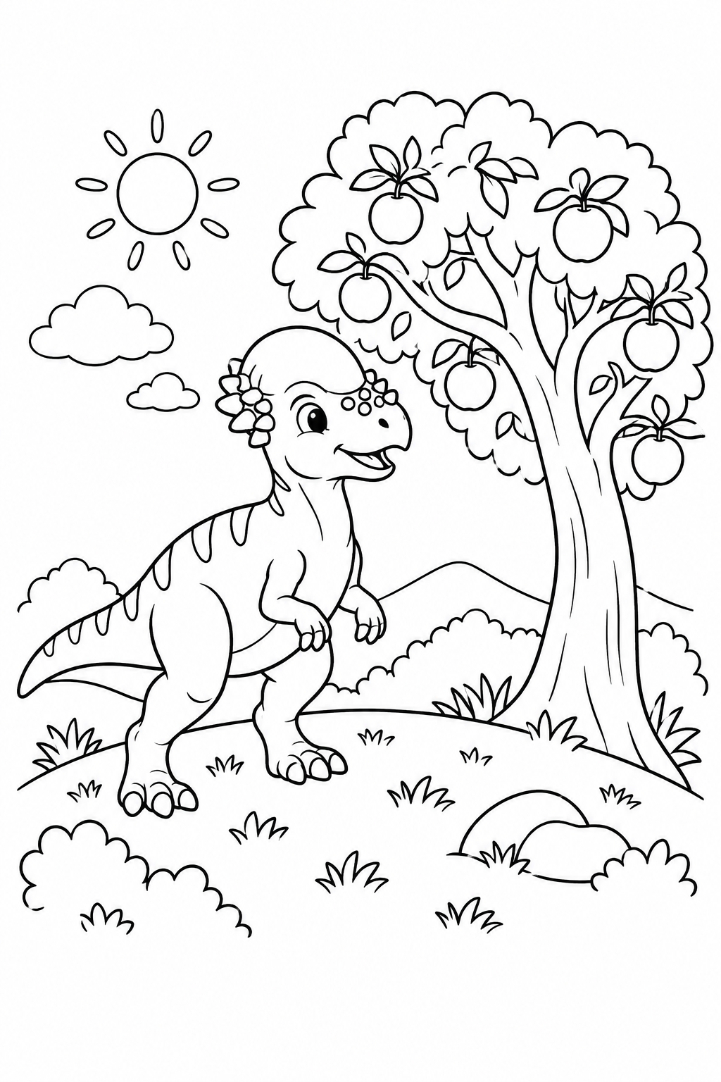 Coloriage Le pachycéphalosaure sur la colline aux fruits